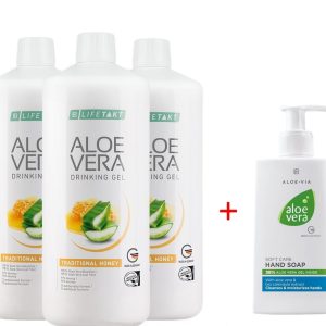 Aloe Vera Гел за Пиене с Мед, Троен комплект + Aloe Vera Нежно почистващ Крем-сапун за ръце