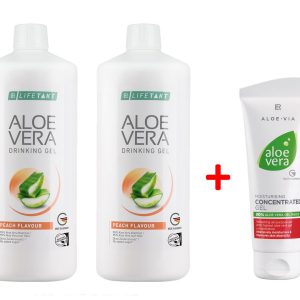 Комплект Aloe Vera Гел за Пиене с Праскова за диабетици, две бутилки + Крем Концентрат Алое Вера при Кожни проблеми